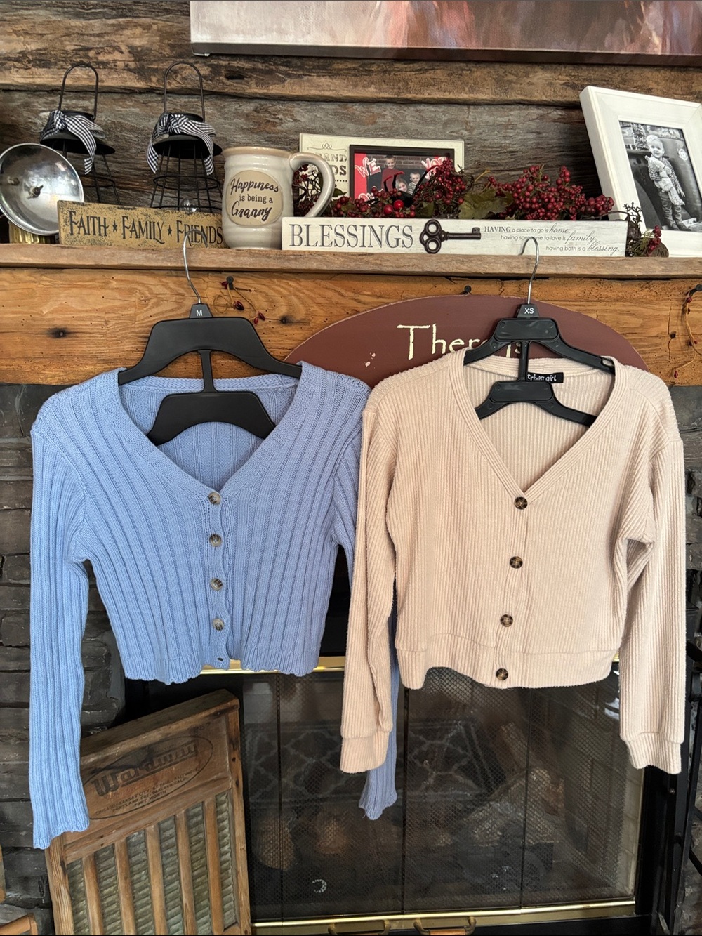 2 Ribbed V-Neck Button Cardigan - Light Blue & Beige